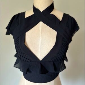 Nasty Gal Black Ruffles Pleated Silk Crop Halter Neck Top